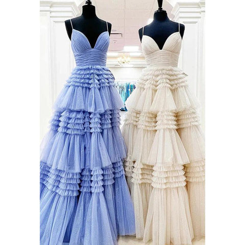V-Neck Spaghetti Straps Ruched Tulle A-Line Long Homecoming Court Dress