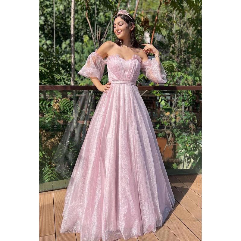 Glamouröses und dramatisches A-Linien-Kleid mit kurzen Ärmeln, schulterfrei, funkelndem Tüll, für formelle Partys und Abschlussbälle