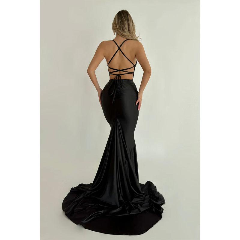 Vestido de noche largo azul plisado con tirantes de sirena/trompeta, sexy y atractivo 
