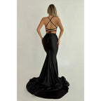 Vestido de noche largo azul plisado con tirantes de sirena/trompeta, sexy y atractivo 
