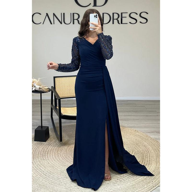 Vestido de fiesta largo con escote en V, pliegues y cuentas, ilusión, brillante, vestido formal 