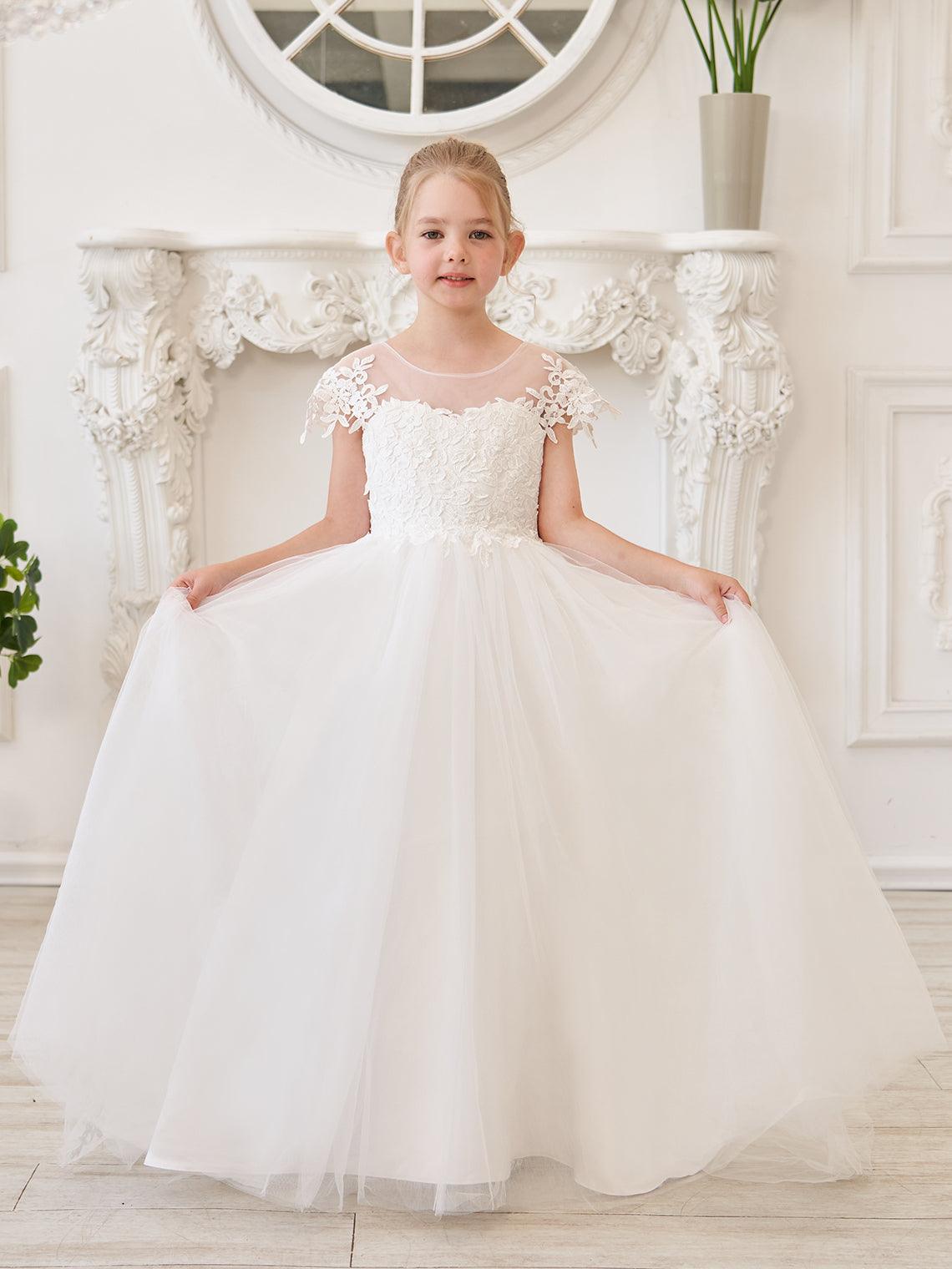Vestido de princesa para primera comunión de niña de las flores, color marfil, con cola desmontable 