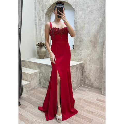 Sheath Straps Beaded Long Prom Dress with Split Evening Gowns