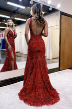Vestido de fiesta sirena con escote en V, lentejuelas y encaje con abertura