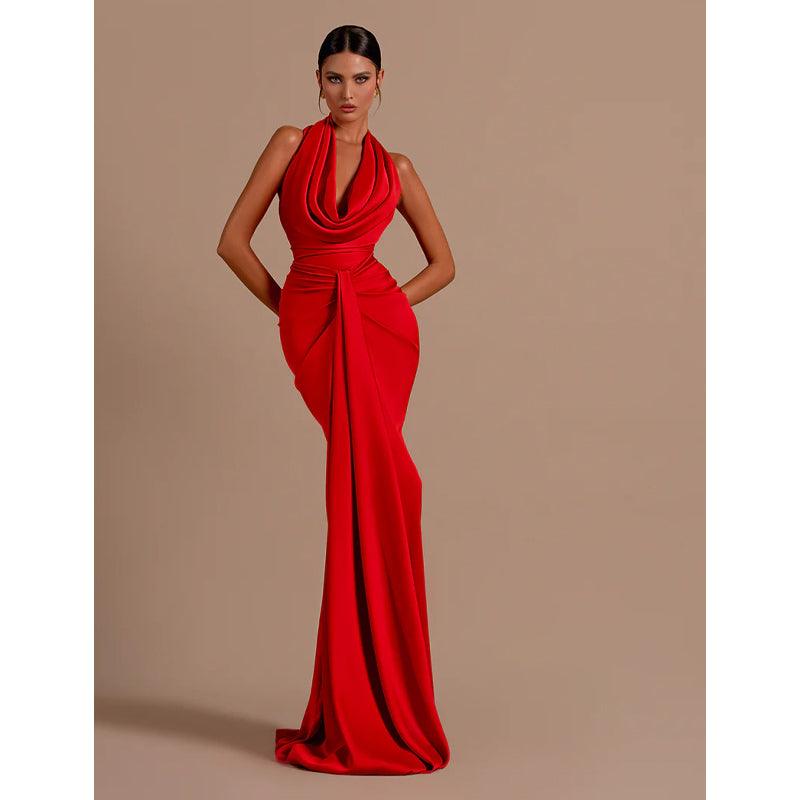 Vestido de fiesta formal largo de sirena rojo plisado con escote en V sexy