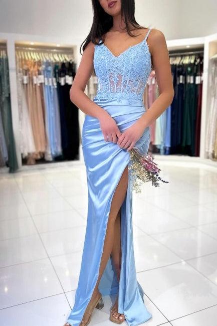 Modisches langes himmelblaues Meerjungfrau-Ballkleid mit Spaghettiträgern und Schlitz