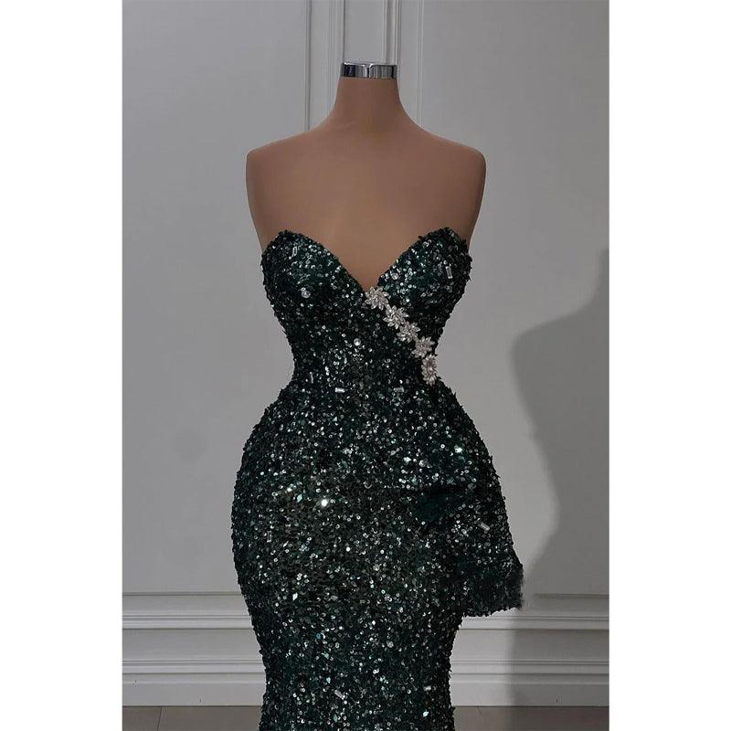 Vestido de noche largo verde con lentejuelas y cuentas, sin tirantes y brillante 