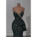 Vestido de noche largo verde con lentejuelas y cuentas, sin tirantes y brillante 