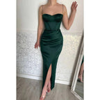 Sweetheart Spaghetti Straps Beaded Ruched Prom Dress With Slit