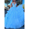 Vestido de fiesta de noche de tul con escote en V, corte A, apliques escalonados 