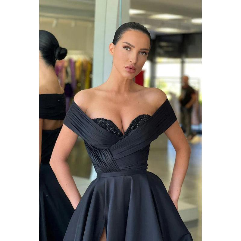 Vestido de fiesta largo de corte A con escote en forma de corazón, hombros descubiertos, lentejuelas y fruncido