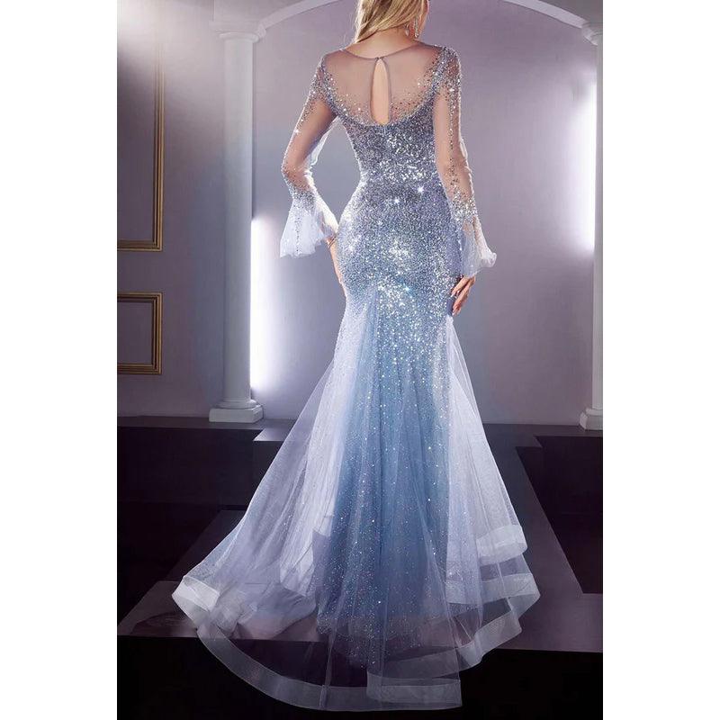 Vestido de noche largo estilo sirena con mangas largas y lentejuelas de tul transparente