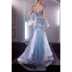Vestido de noche largo estilo sirena con mangas largas y lentejuelas de tul transparente