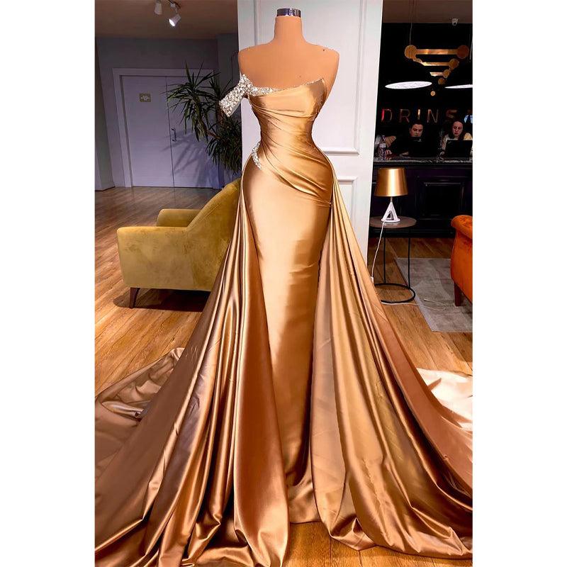 Strapless Pleats Beads Long Formal Evening Dress
