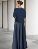Vestido de madre de la novia de dos piezas, corte en A, talla grande, elegante, escote en V alto bajo, asimétrico, largo hasta el suelo, de gasa, encaje, media manga, cruzado, chaqueta incluida, vestidos con pliegues y apliques