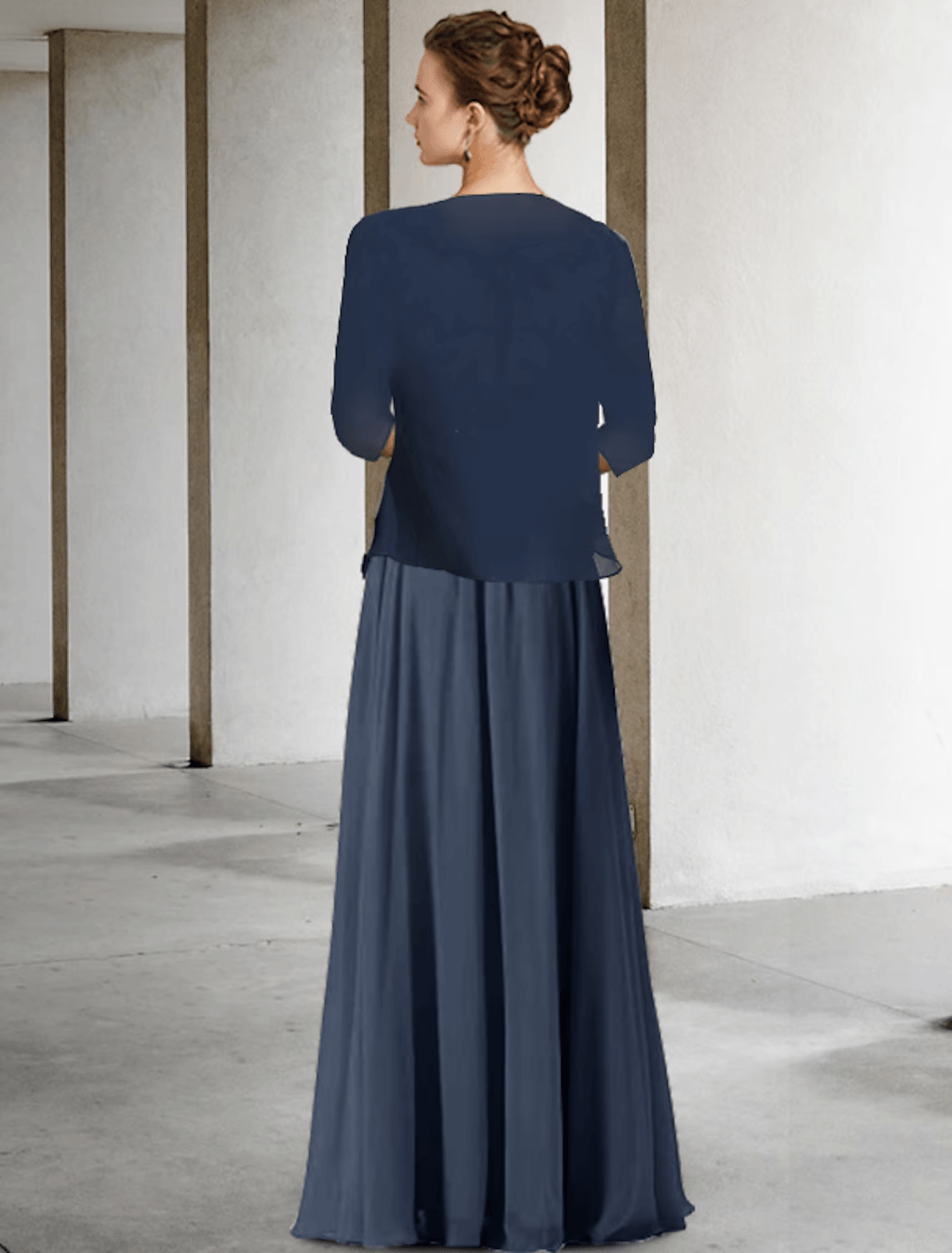 Zweiteiliges A-Linien-Kleid für die Brautmutter in Übergröße, elegant, hoher Tiefausschnitt, V-Ausschnitt, asymmetrisch, bodenlang, Chiffon, Spitze, halbe Ärmel, Wickeljacke inklusive, Kleider mit Faltenapplikationen