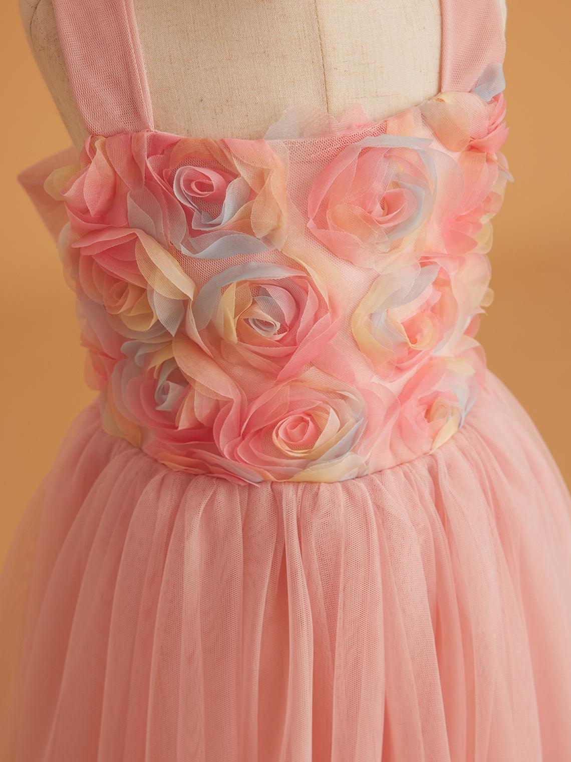 Enchanted Garden Girl Baby Toddler 3D Flower Embellishment Floral Applique Tulle Bow Dress