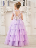 Lila Prinzessinnen-Ballkleid aus Tüll mit Blumenapplikationen und Perlen für Mädchen 