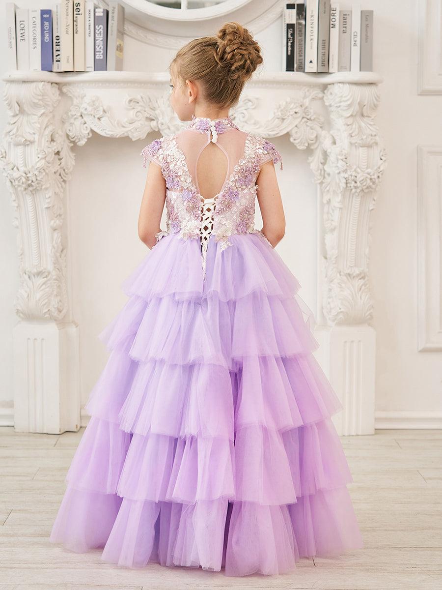 Lila Prinzessinnen-Ballkleid aus Tüll mit Blumenapplikationen und Perlen für Mädchen 