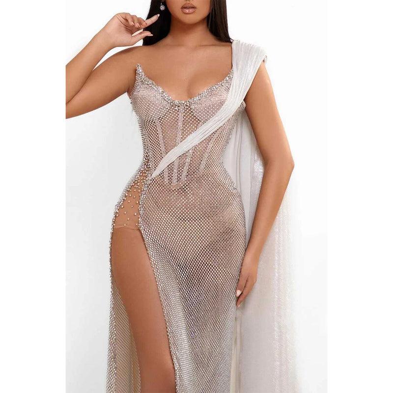 Vestido de fiesta de graduación de noche, transparente, ajustado, de un solo hombro y con abertura alta 