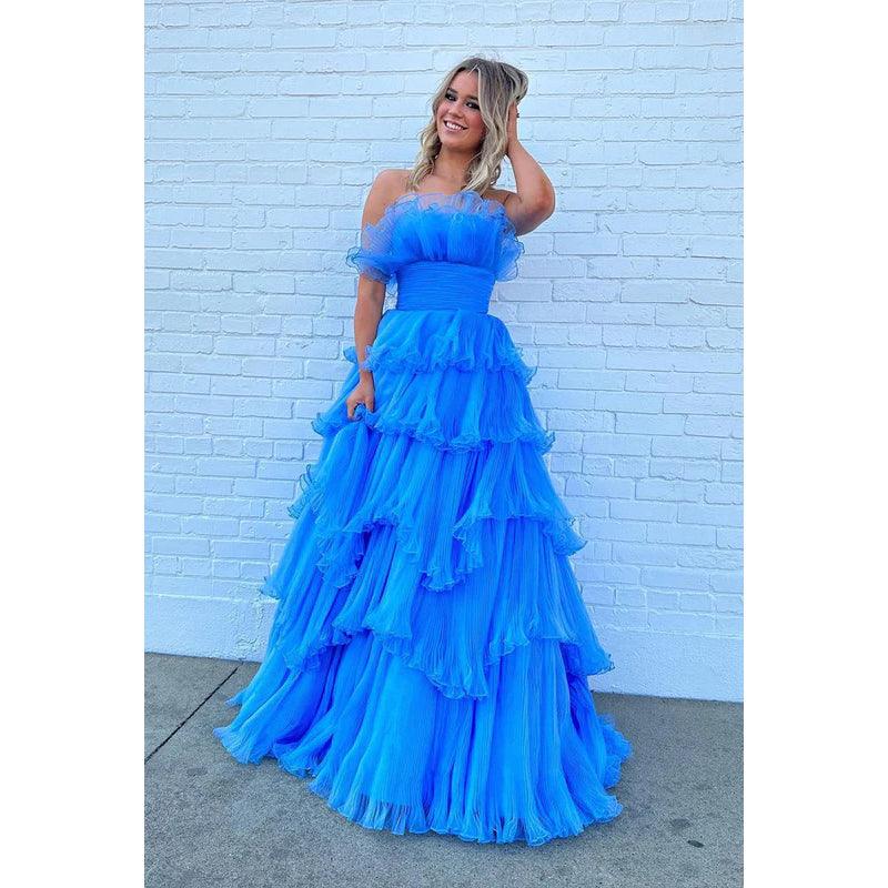 Vestido de fiesta largo de tul fruncido sin tirantes, corte A, con cola larga