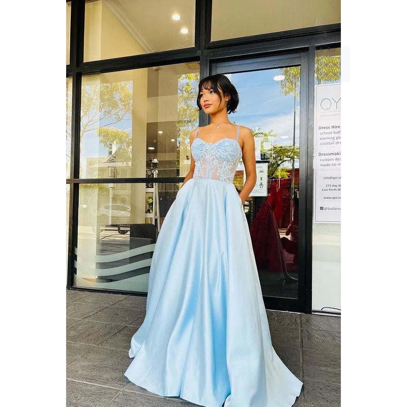 Sweetheart Spaghetti Straps Lace Appliqued A-Line Prom Gown