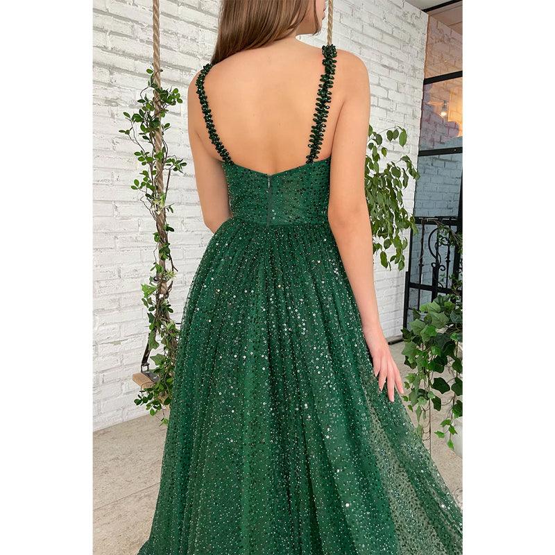 Vestido de fiesta largo verde brillante con lentejuelas y tirantes finos para mujer con bolsillos 