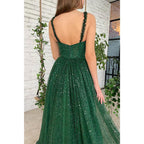 Vestido de fiesta largo verde brillante con lentejuelas y tirantes finos para mujer con bolsillos 