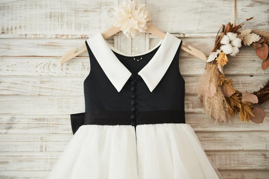 Vestido de niña de las flores negro hasta la rodilla de tul satinado 