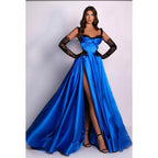 Vestido de fiesta largo de satén con escote en forma de A y abertura en el muslo con cuentas y escote en forma de corazón
