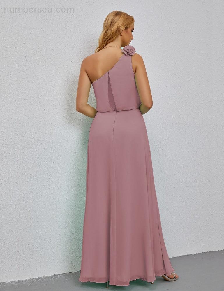 Ruffled One Shoulder Sleeveless Long Bridesmaid Dresses A-line Formal Evening Gown Side Split 28080-numbersea