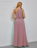 Ruffled One Shoulder Sleeveless Long Bridesmaid Dresses A-line Formal Evening Gown Side Split 28080-numbersea