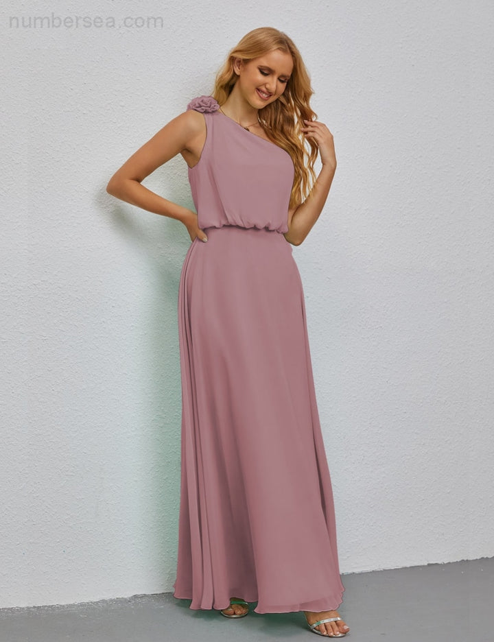 Chiffon Ruffled One Shoulder Sleeveless Long Bridesmaid Dresses A-line Formal Evening Gown Side Split 28080