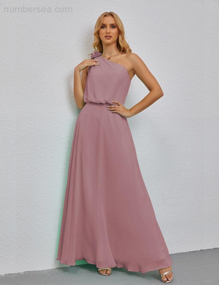 Ruffled One Shoulder Sleeveless Long Bridesmaid Dresses A-line Formal Evening Gown Side Split 28080-numbersea