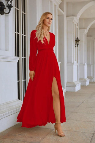 Ladies V Neck Chiffon Long Sleeve Front Slit Bridesmaid Evening Dress Wedding Party Shopping Evening Dress 28109-numbersea