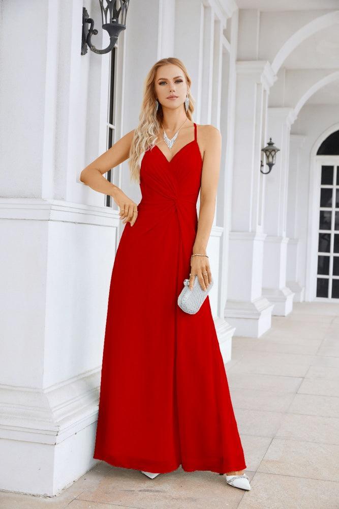Ladies Chiffon Spaghetti Strap V Neck Front Slit Floor Length Bridesmaid Evening Dress Prom Party Wedding Evening Dress 28116-numbersea