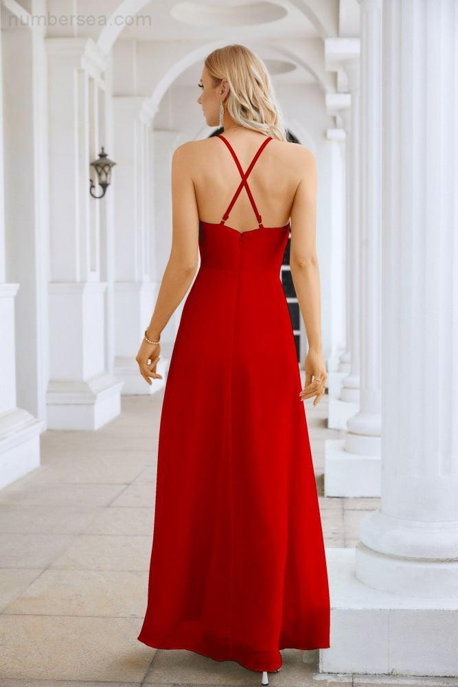 Ladies Chiffon Spaghetti Strap V Neck Front Slit Floor Length Bridesmaid Evening Dress Prom Party Wedding Evening Dress 28116-numbersea