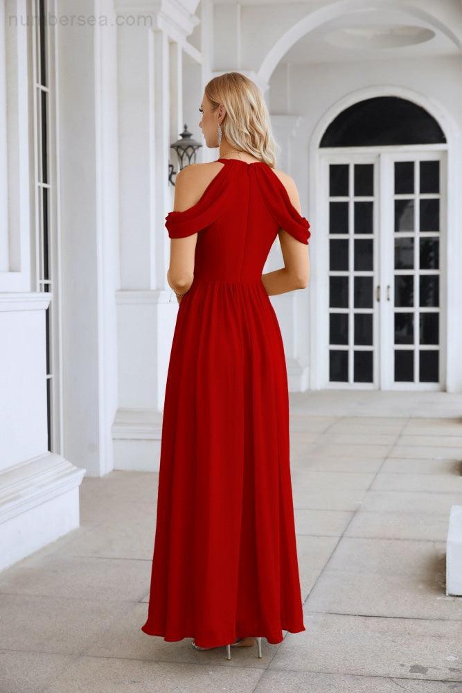Ladies Chiffon Off Shoulder Swing Sleeve Front Slit Bridesmaid Evening Dress Wedding Party Evening Dress 28117-numbersea