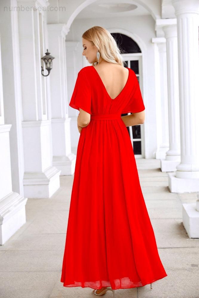 Ladies Chiffon Sleeve Crew Neck Front Slit Floor Length Bridesmaid Evening Dress Wedding Party Evening Dress 28124-numbersea