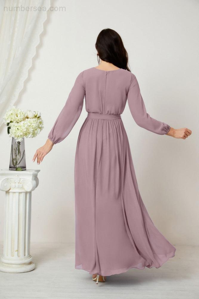 Numbersea Evening Dresses Deep V-Neck Chiffon Bridesmaid Dresses Long Bishop Sleeve Side Split Formal Dress 2806-numbersea