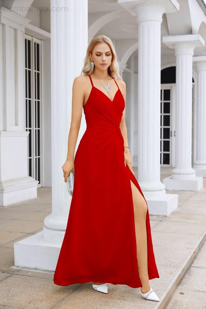 Ladies Chiffon Spaghetti Strap V Neck Front Slit Floor Length Bridesmaid Evening Dress Prom Party Wedding Evening Dress 28116-numbersea