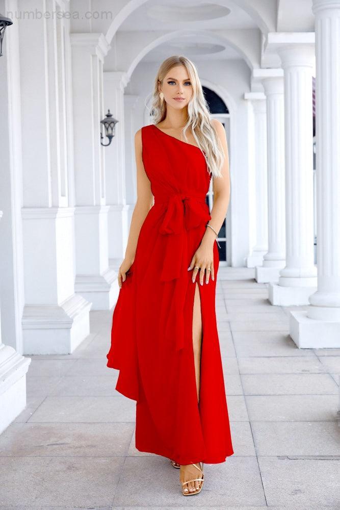 Ladies Chiffon One Shoulder Bridesmaid Evening Dress Wedding Party Evening Dress 28133-numbersea