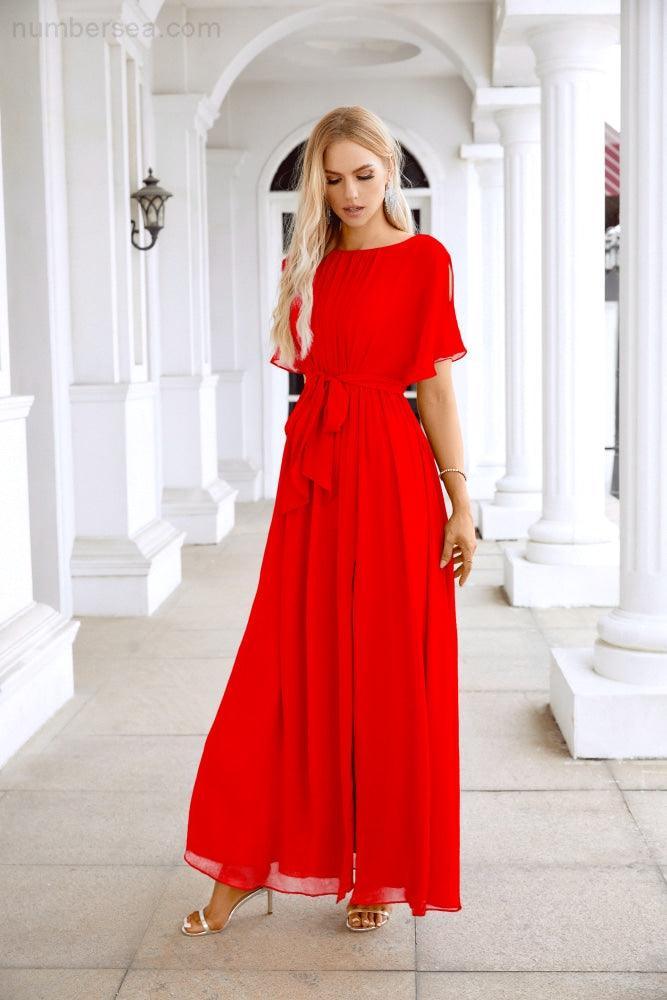 Ladies Chiffon Sleeve Crew Neck Front Slit Floor Length Bridesmaid Evening Dress Wedding Party Evening Dress 28124-numbersea