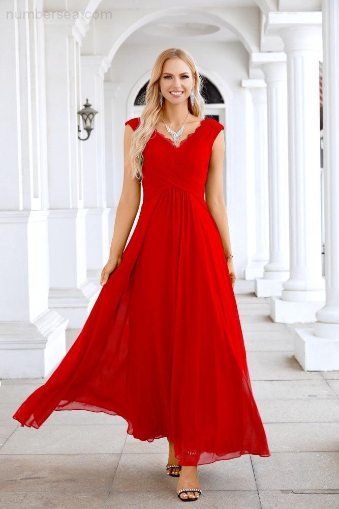 Ladies Chiffon V Neck Sleeveless Floor Length Bridesmaid Evening Dress Wedding Party Evening Dress 28126-numbersea