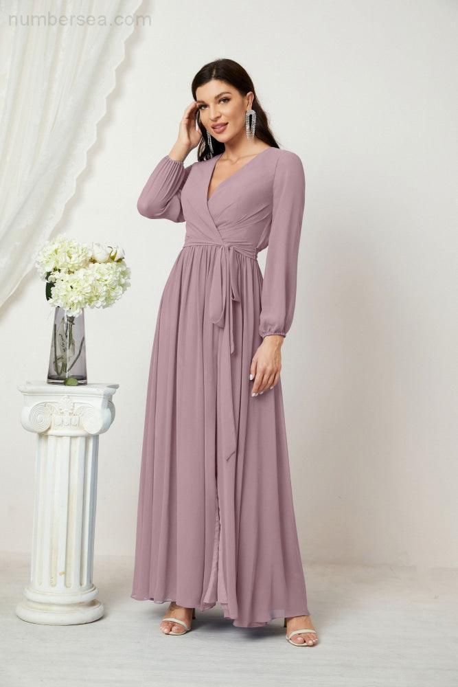 Numbersea Evening Dresses Deep V-Neck Chiffon Bridesmaid Dresses Long Bishop Sleeve Side Split Formal Dress 2806, Crow Cyan Numbersea Evening Dresses Deep V-Neck Chiffon Bridesmaid Dresses Long Bishop Sleeve Side Split Formal Dress 2806, Crow Cyan