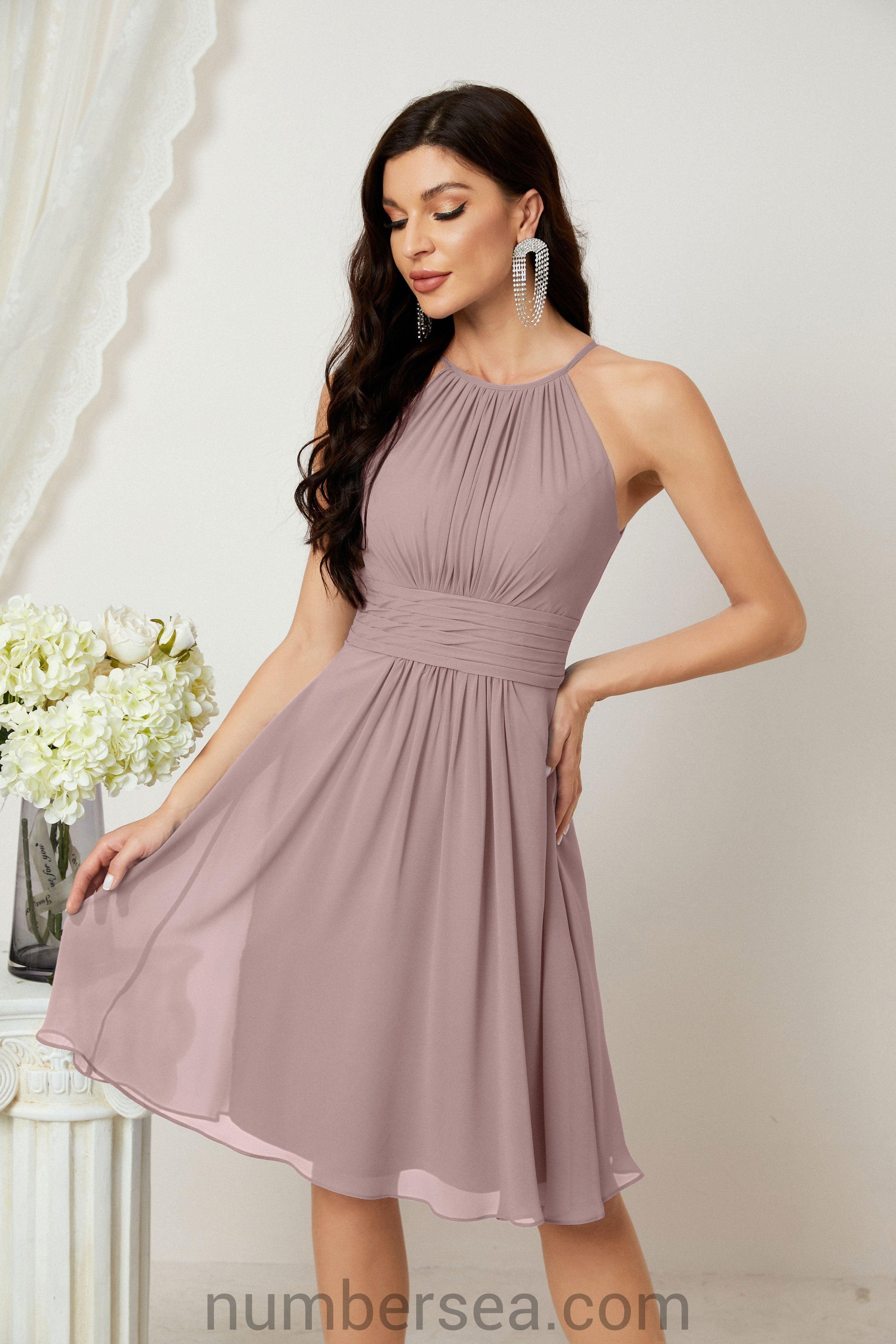Halter Bridesmaid Dresses Knee Length A Line Formal Evening Party Cocktail Dress 28011