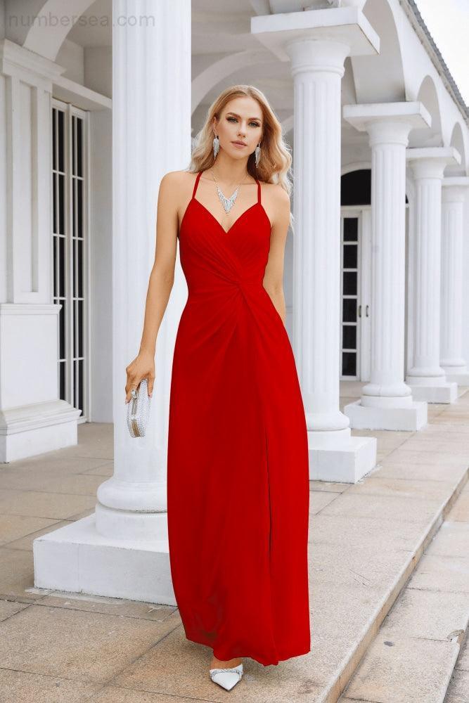 Ladies Chiffon Spaghetti Strap V Neck Front Slit Floor Length Bridesmaid Evening Dress Prom Party Wedding Evening Dress 28116-numbersea