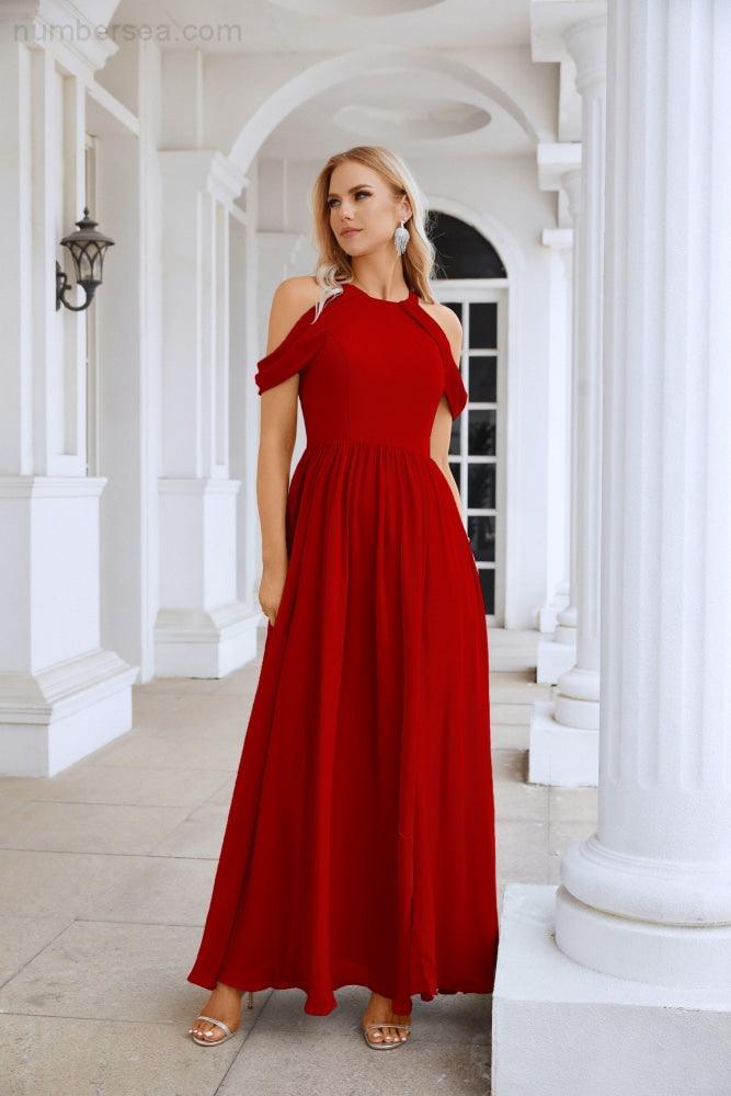 Ladies Chiffon Off Shoulder Swing Sleeve Front Slit Bridesmaid Evening Dress Wedding Party Evening Dress 28117-numbersea