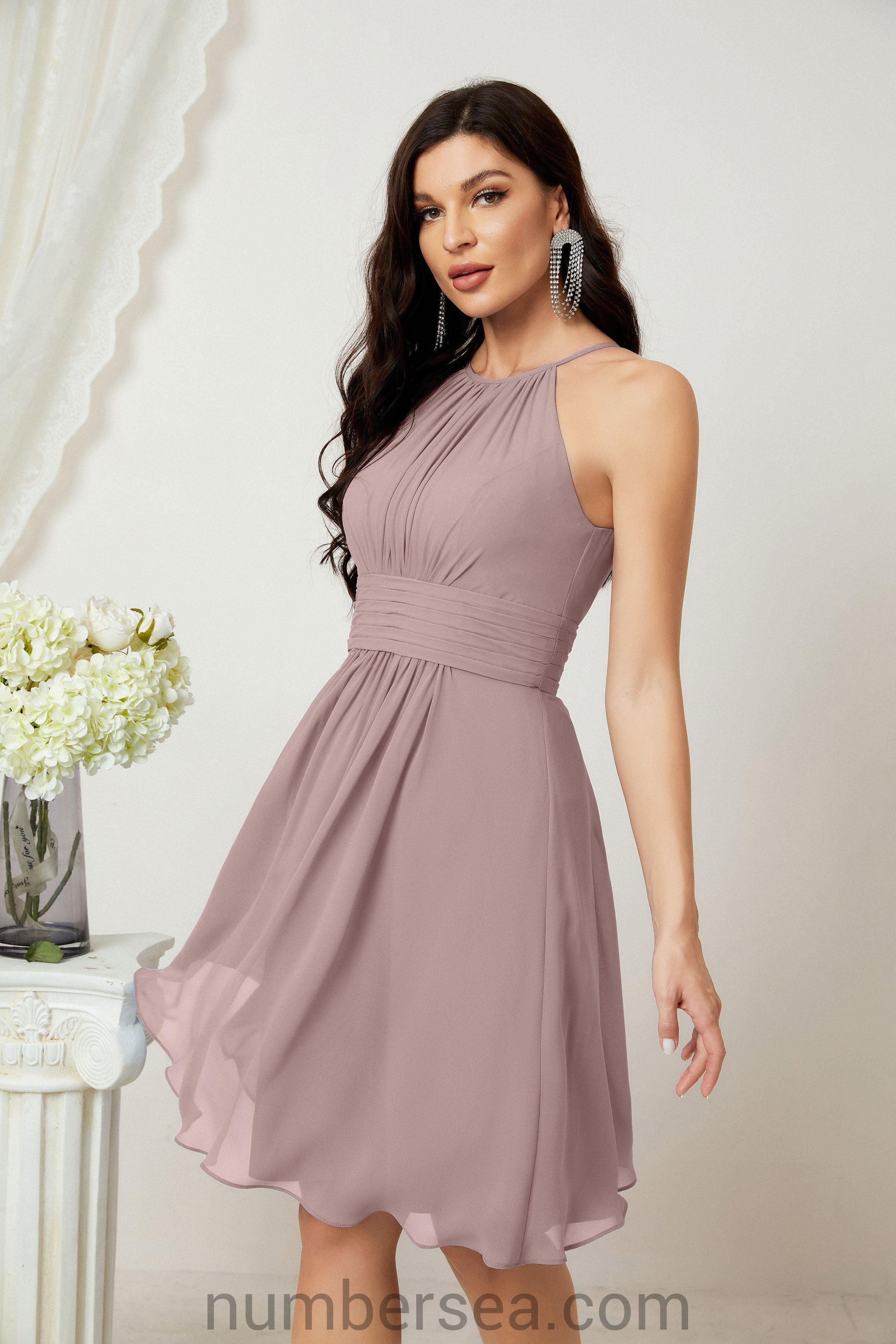 Halter Bridesmaid Dresses Knee Length A Line Formal Evening Party Cocktail Dress 28011