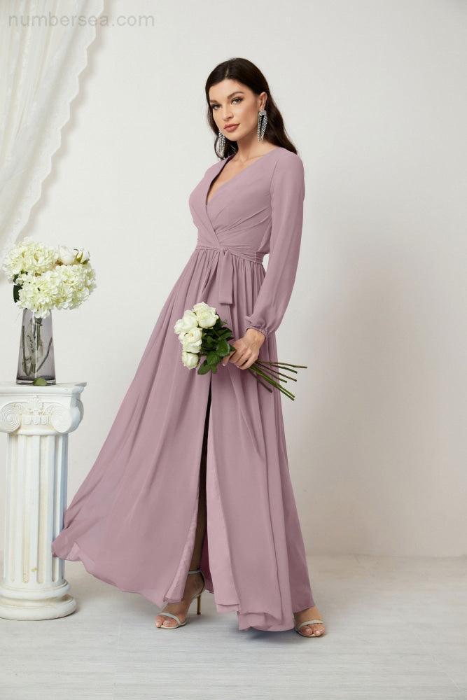Numbersea Evening Dresses Deep V-Neck Chiffon Bridesmaid Dresses Long Bishop Sleeve Side Split Formal Dress 2806-numbersea